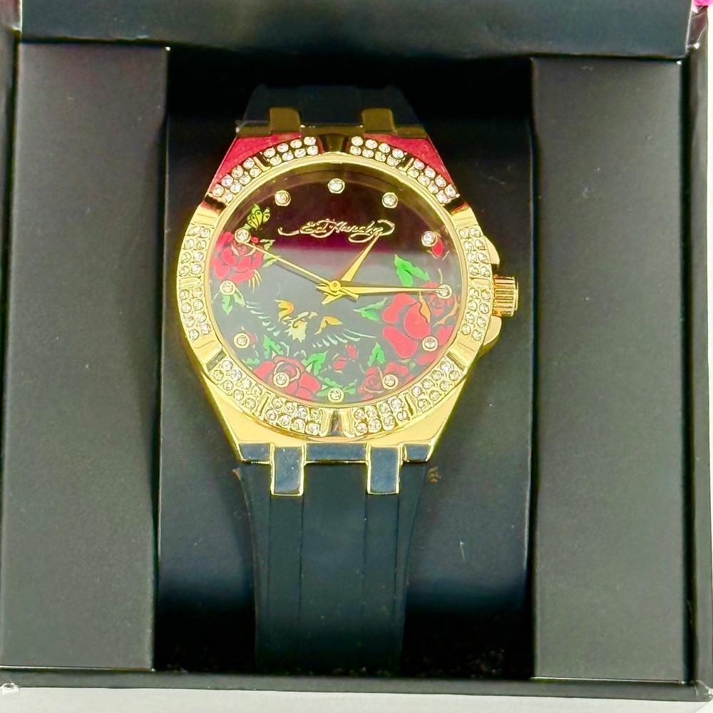Ed Hardy Gold Tone Crystal Embellished Rose Eagle Dial Black Rubber Strap Watch
